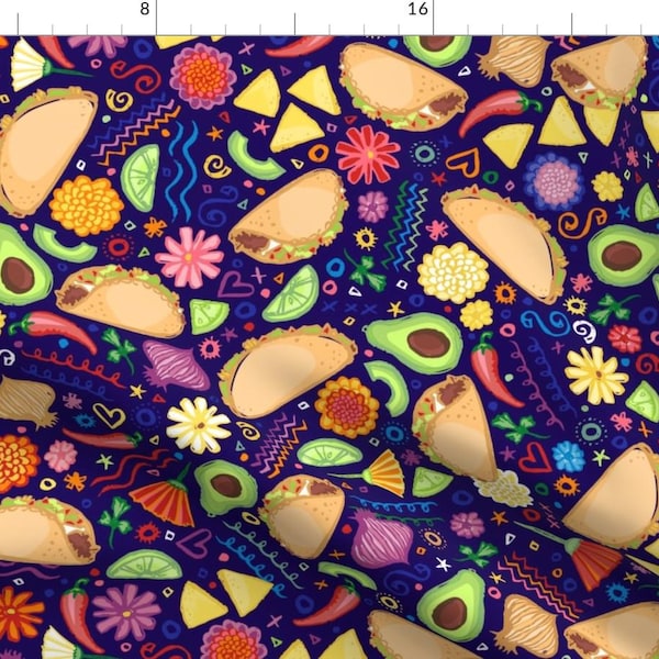 Tacos Fabric - Taco Fiesta On Blue By Creativetaylor - Ditsy Tacos Avocados Chilies Floral Decor Cotton Fabric By The Yard With Spoonflower