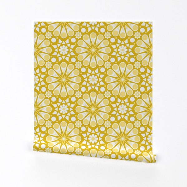 Yellow Daisy Geo Wallpaper - Retro Geometric Floral by latheandquill - Retro Vintage 60s  Removable Peel and Stick Wallpaper by Spoonflower