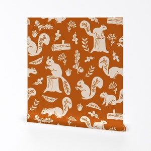 Fall Wallpaper - Squirrels Linocut Fall Autumn By Andrea Lauren - Custom Printed Removable Self Adhesive Wallpaper Roll by Spoonflower