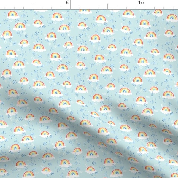 Rainbow Fabric - Rainbows On Blue - Small By Kristinnohe - Rainbow Rain Snow Sky Blue Nursery Cotton Fabric By The Yard With Spoonflower