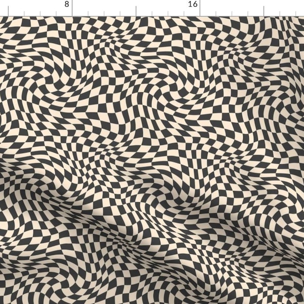 Optical Pattern Fabric - Wavy Checkerboard by camilaprints - Black Beige Psychedelic Warped Wavy Illusion Fabric by the Yard by Spoonflower