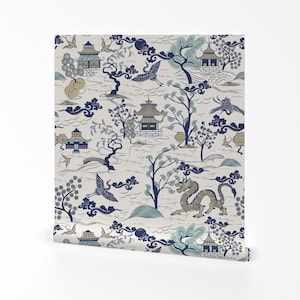 Japanese Village Removable Peel and Stick Wallpaper - Dragon Crane Large Scale 24'' - Wall Art Wall Decor - Ukiyo Light by pallavi_chaudhary