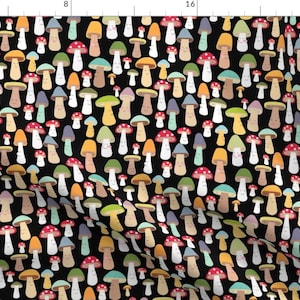 Colorful Mushrooms On Black Fabric - Mushrooms By Heidikenney - Mushroom Woodland Plants Fungus Cotton Fabric By The Yard With Spoonflower