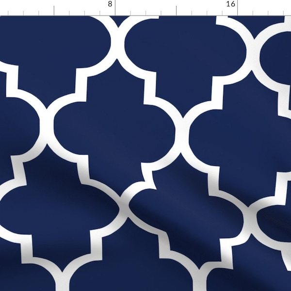 Classic Decor Fabric - Classic Navy And White Quatrefoil By Willowlanetextiles - Navy Cotton Fabric By The Yard With Spoonflower