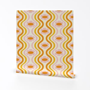 Retro Floral Removable Peel and Stick Wallpaper - Vintage1960s Pink Mustard  - Wall Art Wall Decor - Groovy 70s Floral by stephaniewest