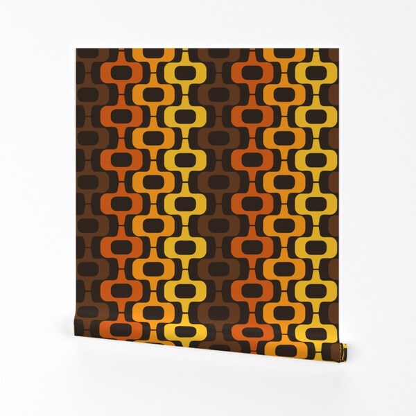 Vintage Wallpaper - 1970s Motif Browns  by artistkierstan -  Yellow Brown Retro Orange Removable Peel and Stick Wallpaper by Spoonflower