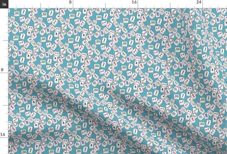 Mahjong Tiles Apparel Fabric - Mini Mahjong by theplumgrove - Small Scale Game Pieces Chinese Classic Aqua Clothing Fabric by Spoonflower image 1
