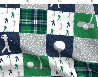 Tissu de golf - Tissu de golf par littlearrowdesign - Tissu à carreaux patchwork de golf vert marine gris au mètre par Spoonflower