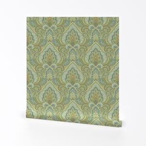 Klassische Paisley Tapete - Vergoldetes Paisley Von Barbarapixton - Grüne Klassische Retro Abnehmbare selbstklebende Tapetenrolle von Spoonflower