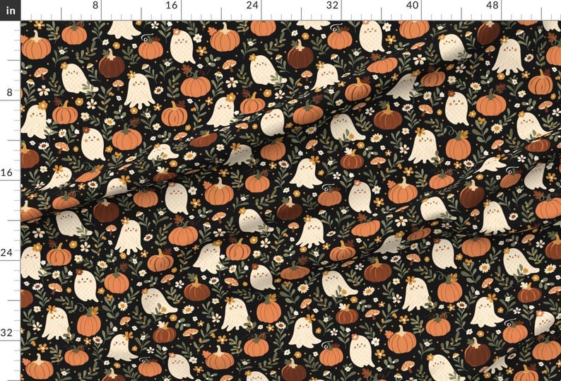 Cute Halloween Ghost Apparel Fabric - Ghost Pumpkin by kylielouise - Dark Floral Pumpkin Orange Black Green Clothing Fabric by Spoonflower image 2