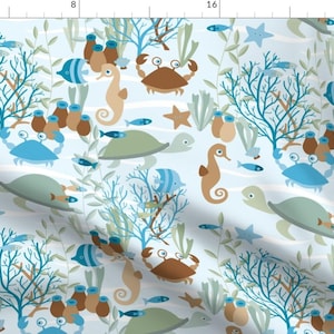 Sea Fabric - Life In The Reef - Blue By Heleenvanbuul - Sea Ocean Animals Cotton Fabric By The Yard With Spoonflower