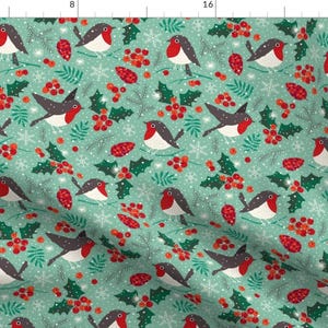 Robin Fabric - Christmas Birds In Snow By Heleen van den Thillart - Holiday Snowflake Cotton Fabric By The Yard With Spoonflower