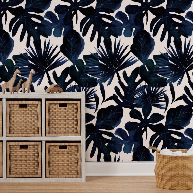 Navy Jungle Wallpaper Tropical Leaves Midnight by Crystal Etsy