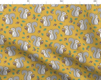 Squirrel Fabric - Forest Squirrel Squirrels With Leaves Acorn Autumn Mustard By Caja Design - Cotton Fabric By The Yard With Spoonflower