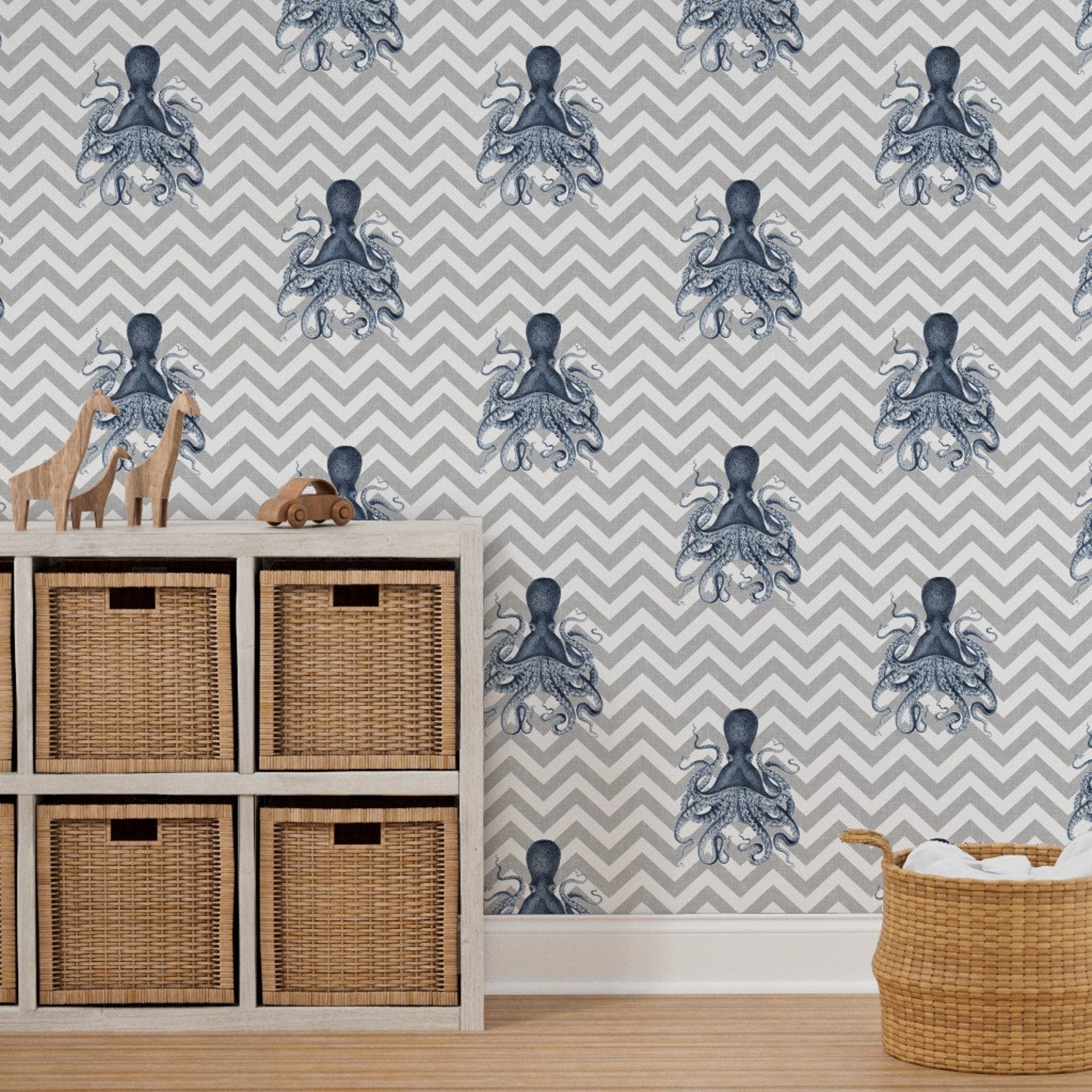 Octopus Wallpaper Octopus Oasis Gray Chevron by - Etsy