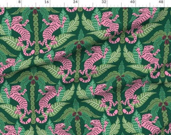 Maximalist Tigers Extra Breit Sateen Stoff Animalier Hot Pink Grün Handgezeichnet Dschungel Palmen Stoff Tigerdamast von vivdesign