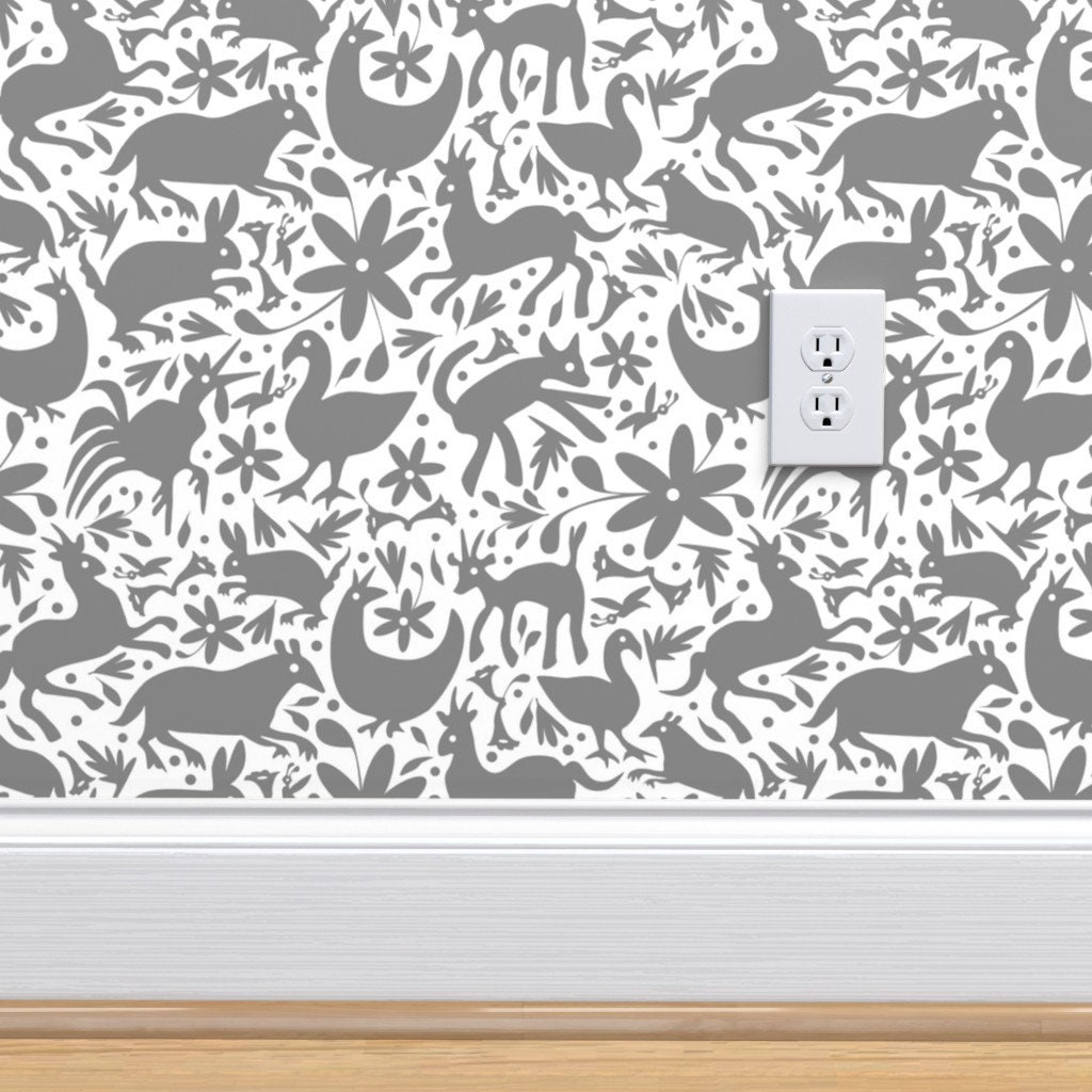 Otomi Wallpaper Mexico Springtime Gray White Large Scale by Etsy