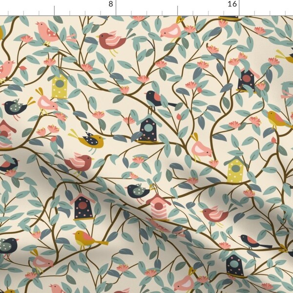 Whimsical Songbird Fabric - Birds In The Garden by chiara_de_david - Botanical Sage Green Pink Yellow  Fabric by the Yard by Spoonflower