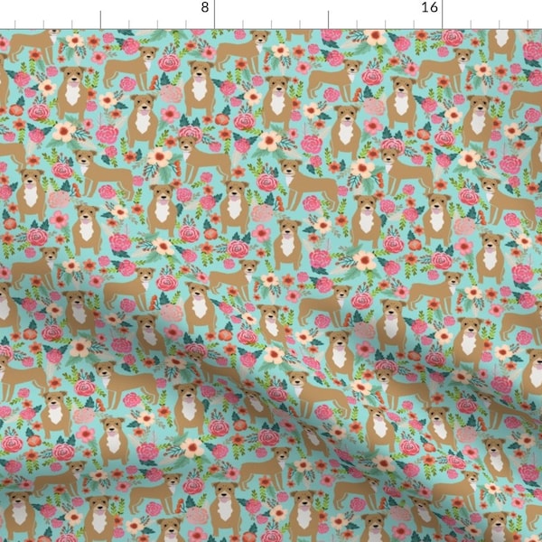 Floral Pitbull Fabric - Pitbull Terriers Florals Mint Pitbull Dogs Fabric By Petfriendly - Floral Pitbull Home Decor Fabric With Spoonflower