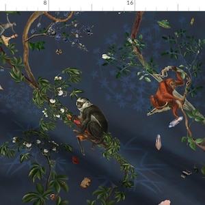 Botanical Fabric - Monkey Chinoiserie by fifikoussout - Chinoiserie Navy Cottagecore Whimsical Jungle Fabric by the Yard by Spoonflower
