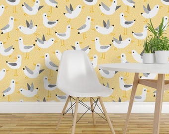 Birds Wallpaper - Seagulls On Yellow By Heleenvanbuul - Birds Yellow Custom Printed Removable Self Adhesive Wallpaper Roll by Spoonflower