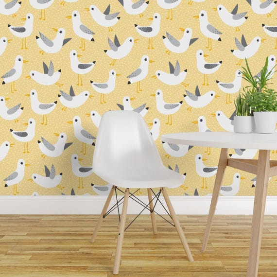 Birds Wallpaper - Seagulls On Yellow By Heleenvanbuul - Birds Yellow Custom Printed Removable Self Adhesive Wallpaper Roll by Spoonflower