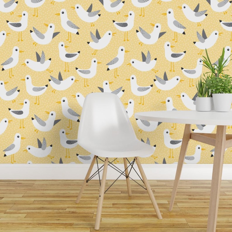 Birds Wallpaper - Seagulls On Yellow By Heleenvanbuul - Birds Yellow Custom Printed Removable Self Adhesive Wallpaper Roll by Spoonflower image 1