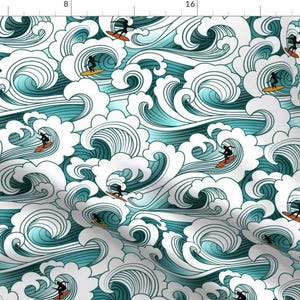 Surfer Fabric - Ocean Surfers Ride The Waves By Vo Aka Virginiao - Surfer Blue Water Summer Sun Cotton Fabric By The Yard With Spoonflower