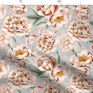 Antique Peonies Fabric - Watercolor Peach Peonies By Utart - Pink Orange Gray White Large Scale Cotton Fabric By The Yard With Spoonflower