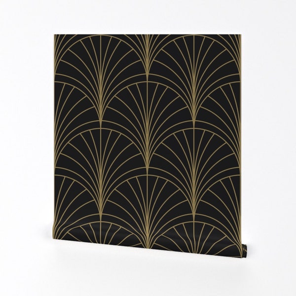 Art Deco Wallpaper - Floral Burst Gold On Charcoal By Anvil Studio - Custom Printed Removable Self Adhesive Wallpaper Roll by Spoonflower