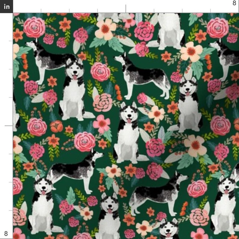 Huksy Fabric Husky Floral Cute Huskies Dark Green Pink Flowers By