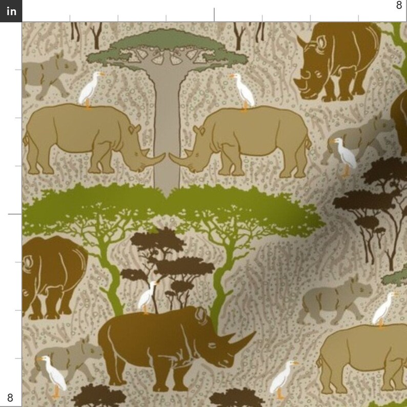 Neutral Rhinoceros Fabric Rhinoceroses And Egrets By Etsy