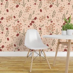 Carta da parati adesiva Boho Wildflowers - Floreale neutro, romantico, botanico - Decorazione murale rimovibile - Nettare di cachi di salzanos