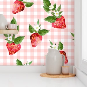 Strawberry Wallpaper - Strawberries Gingham By Shopcabin - Pink Picnic Kitchen Summer Removable Self Adhesive Wallpaper Roll by Spoonflower
