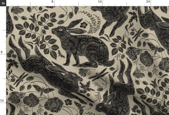 Block Print Bunnies Fabric - Rabbits by silver_steer_design - Linocut Woodblock Hares Woodland Neutral Fabric by the Yard by Spoonflower