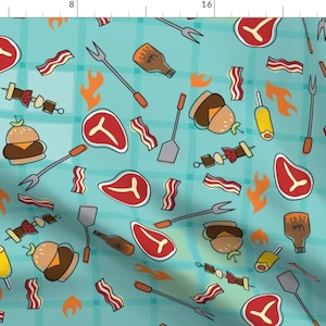 May include: A teal blue background with a repeating pattern of various barbecue and grilling items, including burgers, bacon, steak, corn on the cob, skewers, and grilling tools.