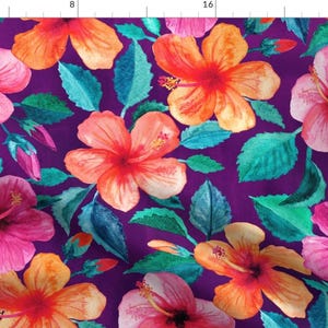 Tropical Fabric - Colorful Watercolor Hibiscus Deep Plum - Large Print By Micklyn - Island Floral Cotton Fabric By The Yard With Spoonflower