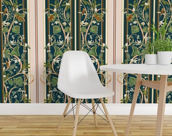 Art Nouveau Wallpaper - Royal Garden Stripes By Southwind - Teal Blush Vines Vertical Removable Self Adhesive Wallpaper Roll by Spoonflower