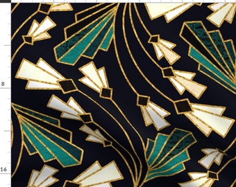 Floral Deco Fabric - Art Deco Floral Twist by tigatiga - Geometric Modern Roaring 20s Gatsby Moody Black  Fabric by the Yard by Spoonflower