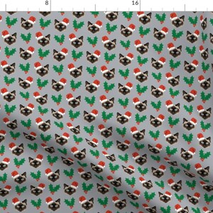 Siamese Cat Santa Hat Fabric - Siamese Christmas Cat Holiday Cats Santa Hat By Petfriendly - Cotton Fabric by the Yard with Spoonflower