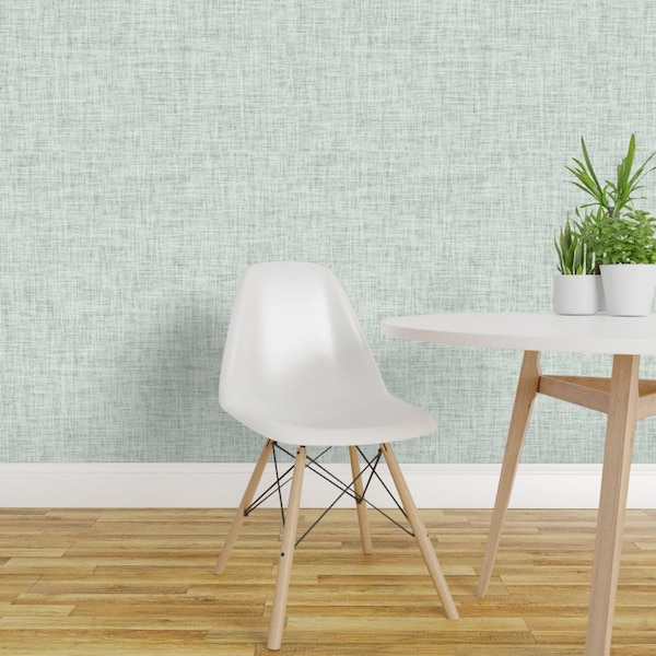 Tapete in Leinenoptik – Pistazie von Ivieclothco – Grün-weiße, selbstklebende Tapetenrolle mit Landhausstil und künstlicher Struktur von Spoonflower