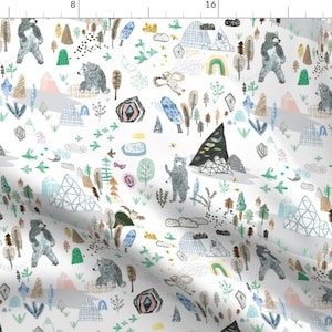 Woodland Fabric - Bear Country White Med By Nouveau Bohemian - Geometric Boho Forest Kids Nursery Cotton Fabric By The Yard With Spoonflower