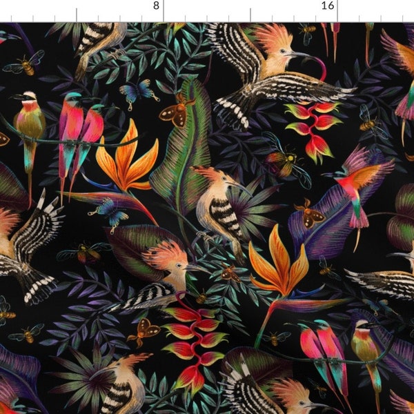 Paradise Fabric - Hoopoes And Bee Eaters Hunting For Bugs! By Rebelform - Botanical Floral Jungle Cotton Fabric By The Yard With Spoonflower