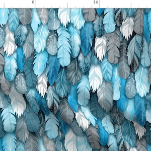 Blue Feathers Fabric - Owl Feathers Blue By Xoxotique - Watercolor Bird Feathers Blue Gray White Cotton Fabric By The Yard With Spoonflower