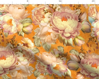 May include: A seamless pattern featuring a floral design with large, pink and white peonies, and smaller yellow flowers on a bright orange background.