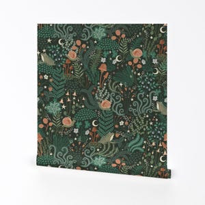 Carta da parati rimovibile con motivo a buccia e bastone Fairy Tale Forest - Rana Lumaca Felce verde Luna magica - Decorazione murale - Muschi al chiaro di luna di rebelform