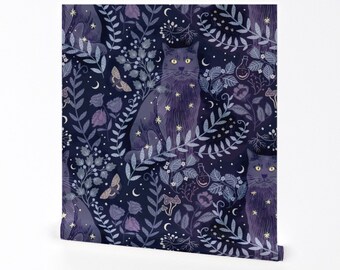 Night Garden Wallpaper - Celestial Cat by kittenlane - Lunar Witch Dreamy Indigo Removable Peel and Stick Wallpaper by Spoonflower