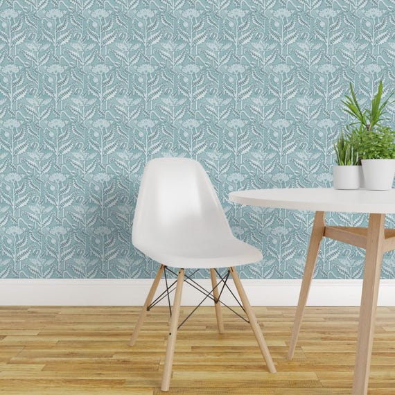 Antique Wallpaper - Antique Poppy In Aquamarine By Willowlanetextiles - Custom Printed Removable Self Adhesive Wallpaper Roll by Spoonflower