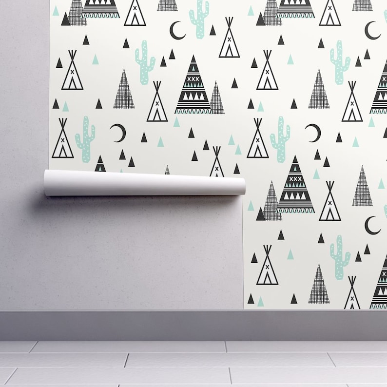 Boho Teepee Wallpaper Custom Printed Removable Self Adhesive Wallpaper Roll by Spoonflower Tipi Mint Southwest Triangle By Charlottewinter