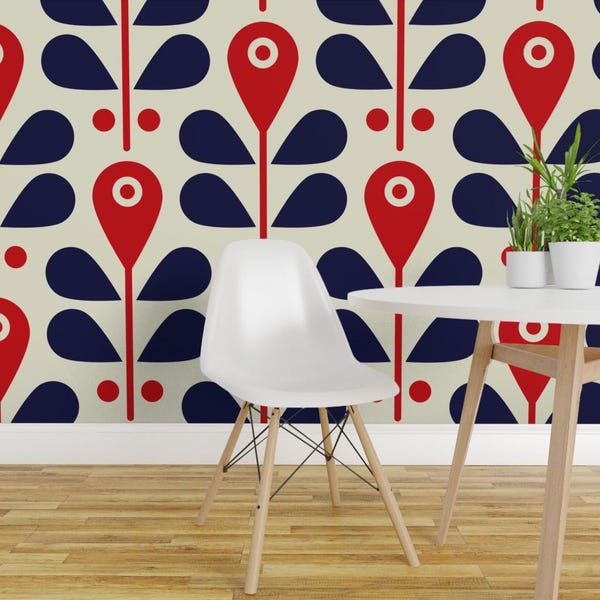 Scandi Floral Removable Peel and Stick Wallpaper - Blue Red Retro Geometric Plants - Wall Art Wall Decor - Scandinavian Flowers by roucoucou